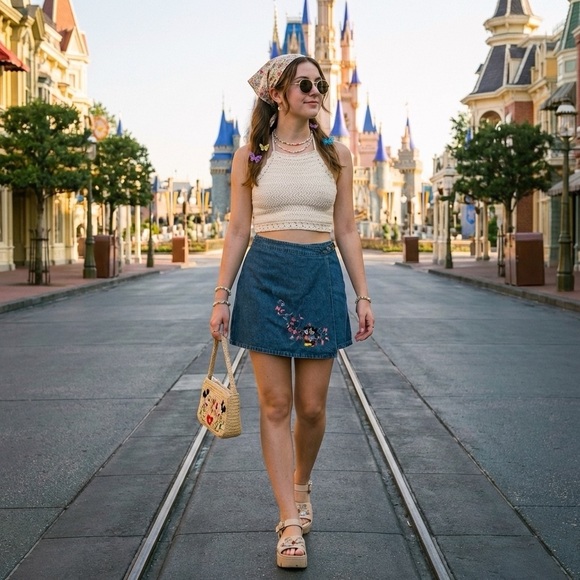 Disney Dresses & Skirts - Vintage Disney Mickey & Minnie Embroidered Denim Skort Women’s Small Cottagecore